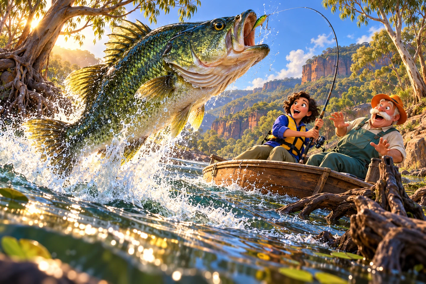 Mara and Len meet an enormous emerald bass on a golden river