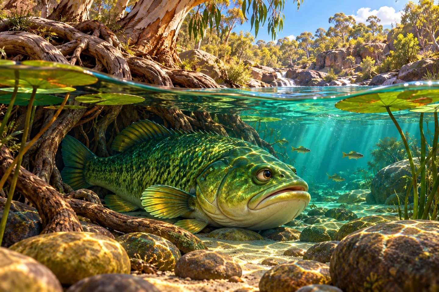 A giant bass rests in a clear pool below eucalyptus roots