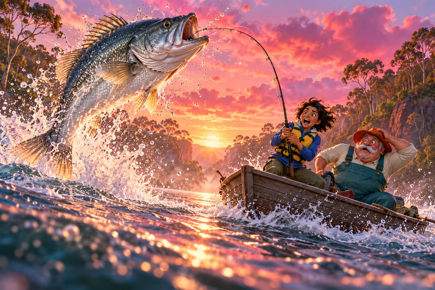 A silver bass leaps beside the boat at pink dawn