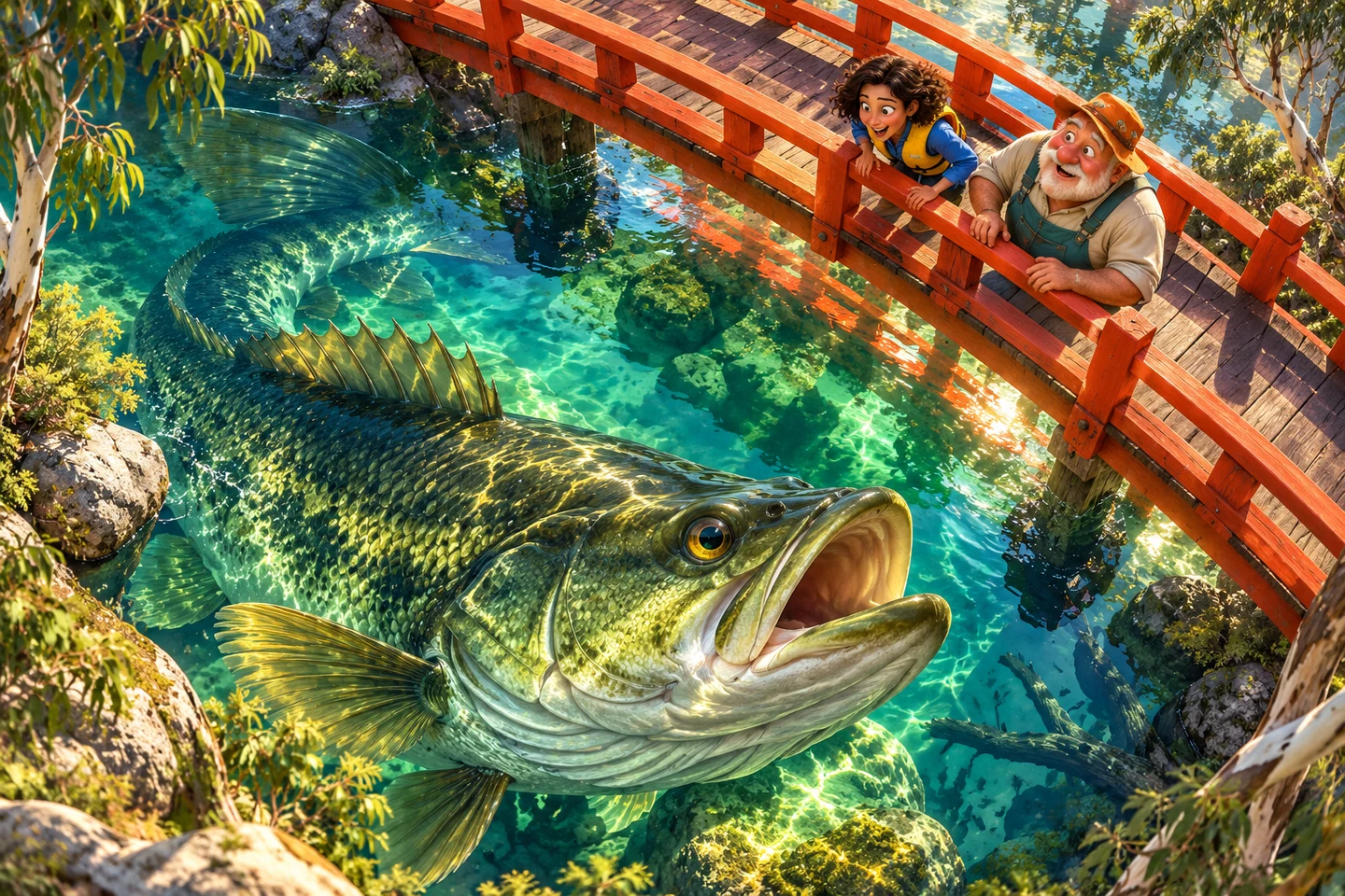 A red bridge crosses a pool with a giant bass below