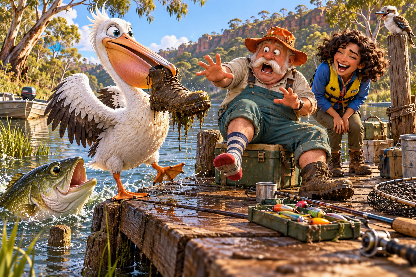 A pelican inspects Len’s missing boot