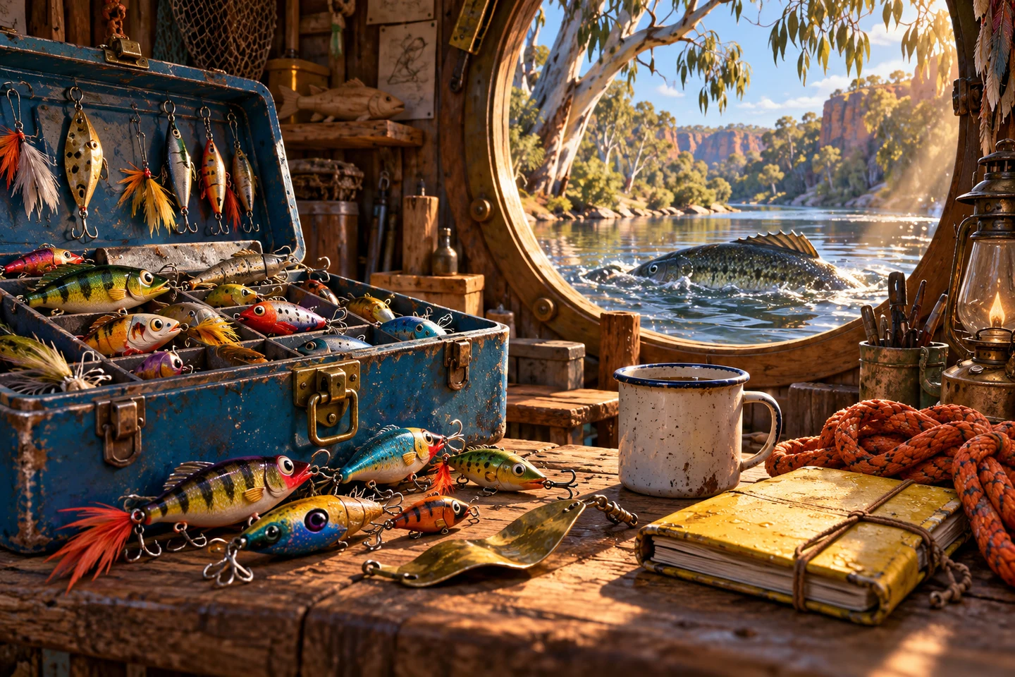 Handmade lures and a notebook on the riverside workbench
