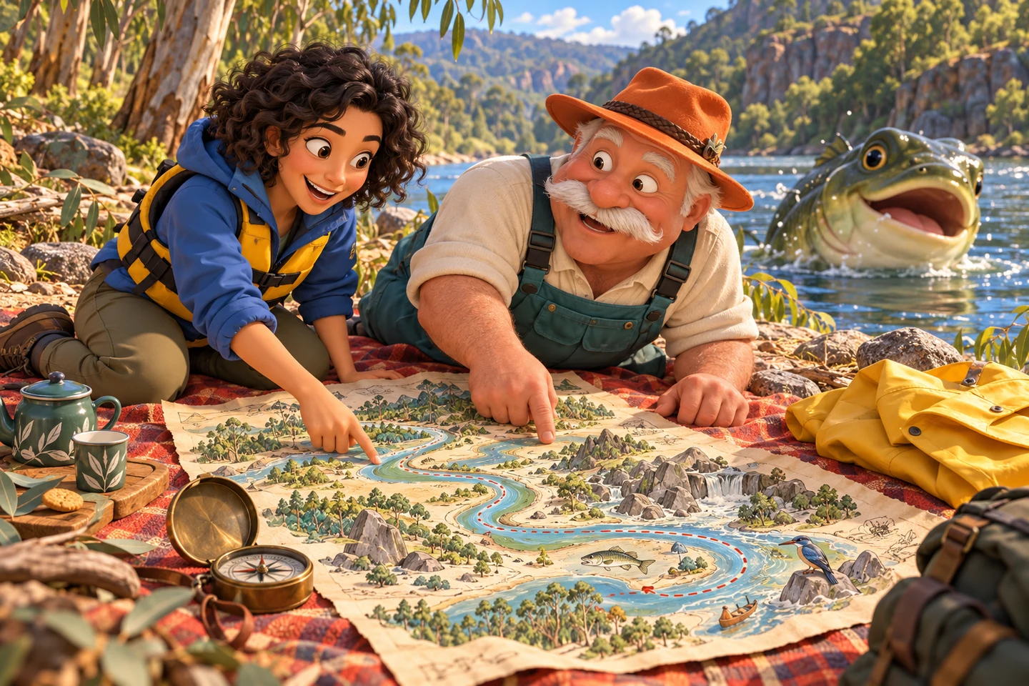 Mara and Len trace a winding river on their picnic map