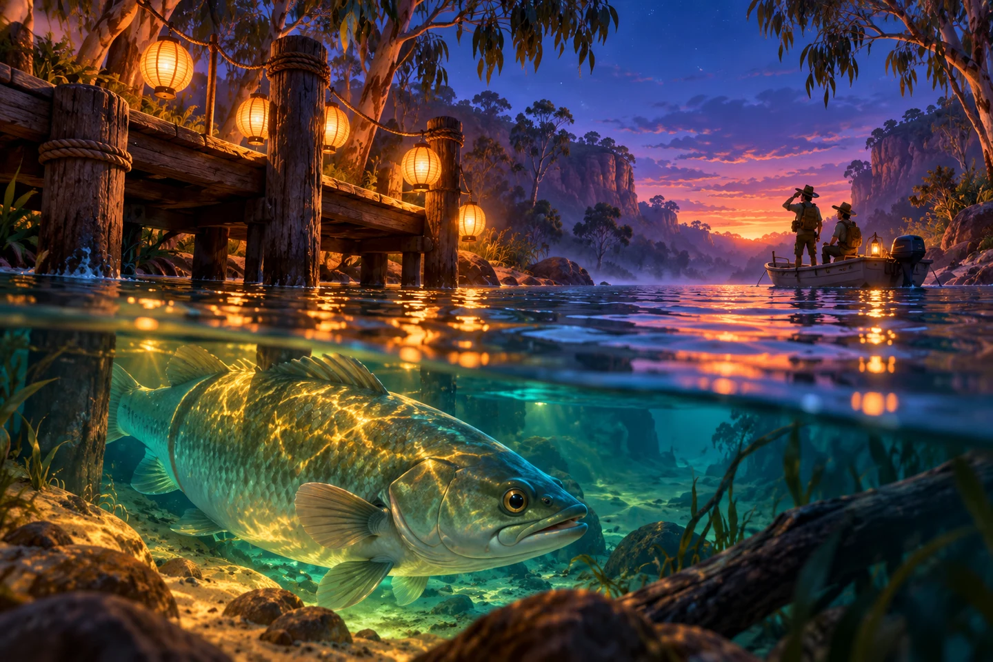 Lanterns illuminate a giant bass below the evening jetty