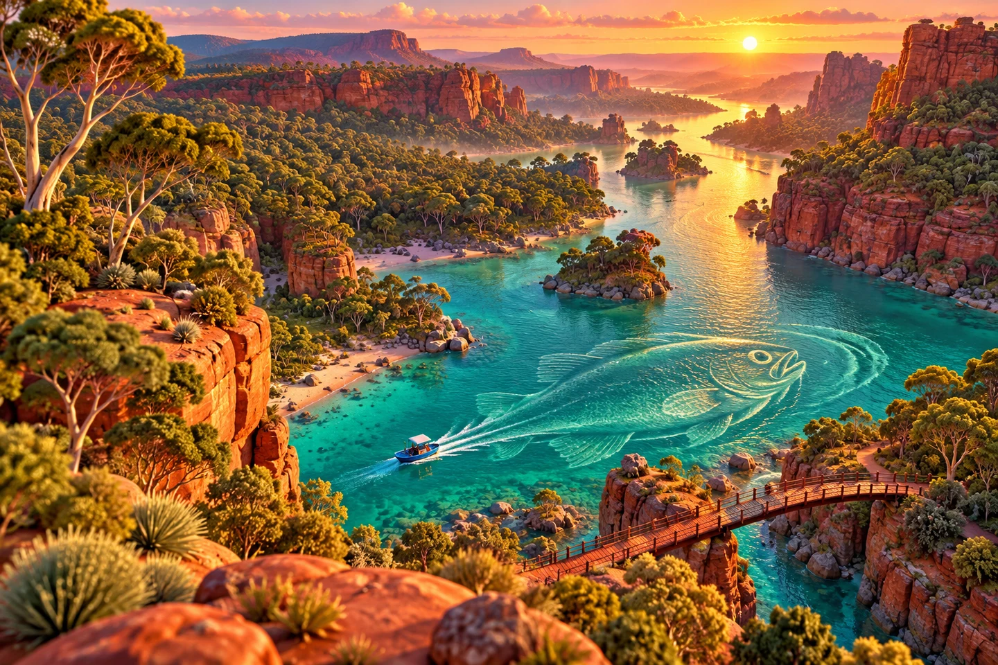 A winding turquoise river between red cliffs at sunset