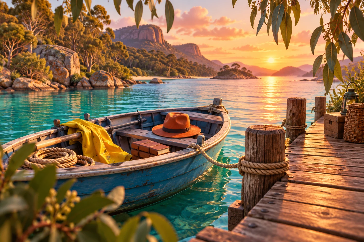 An explorer’s blue boat moored beside a quiet river landing