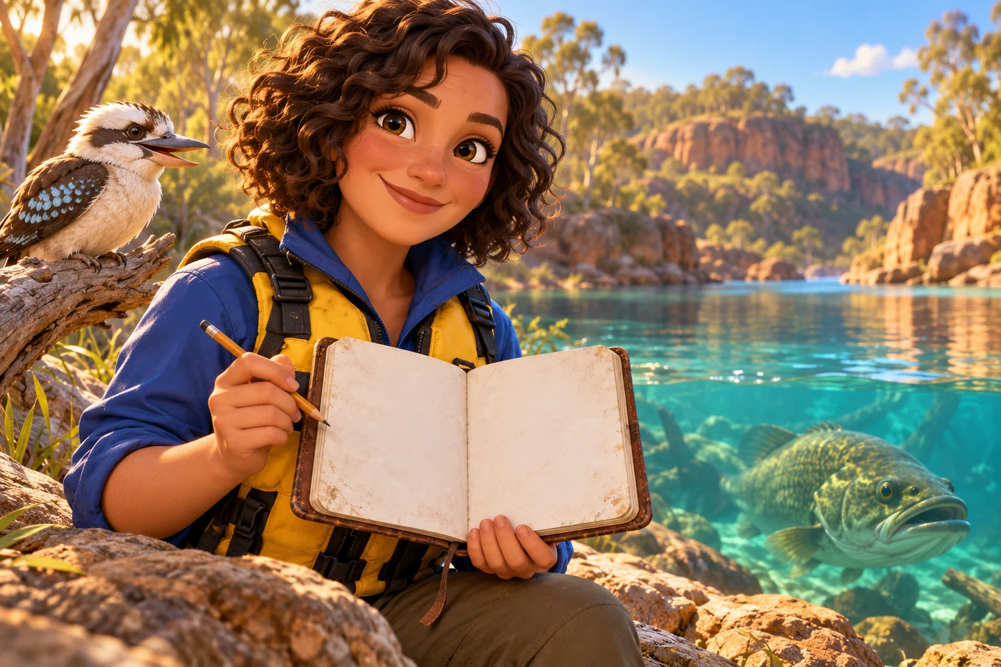 Mara opens her notebook beside the river